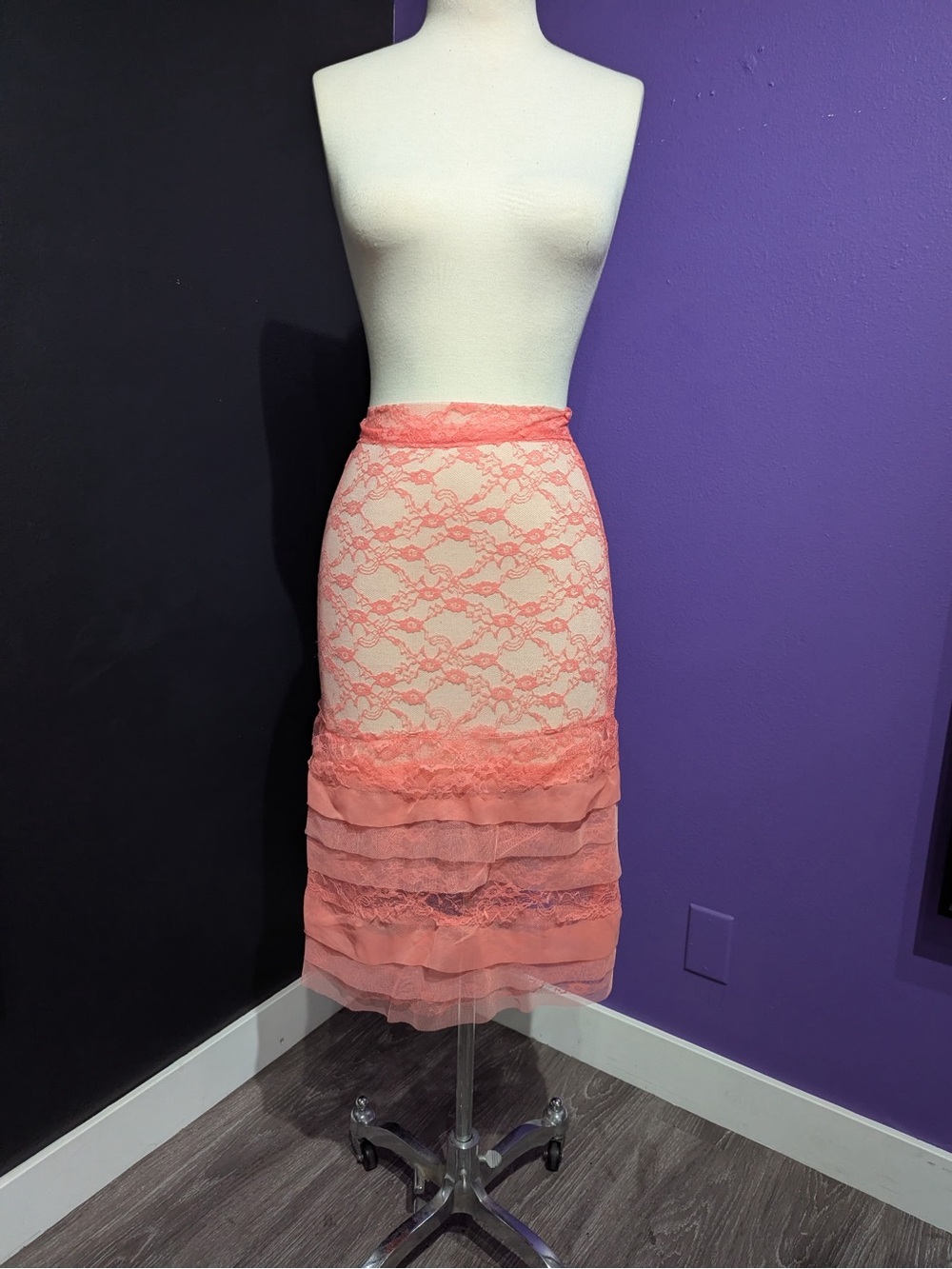 Lace Tiered Pencil Skirt in Coral Pink